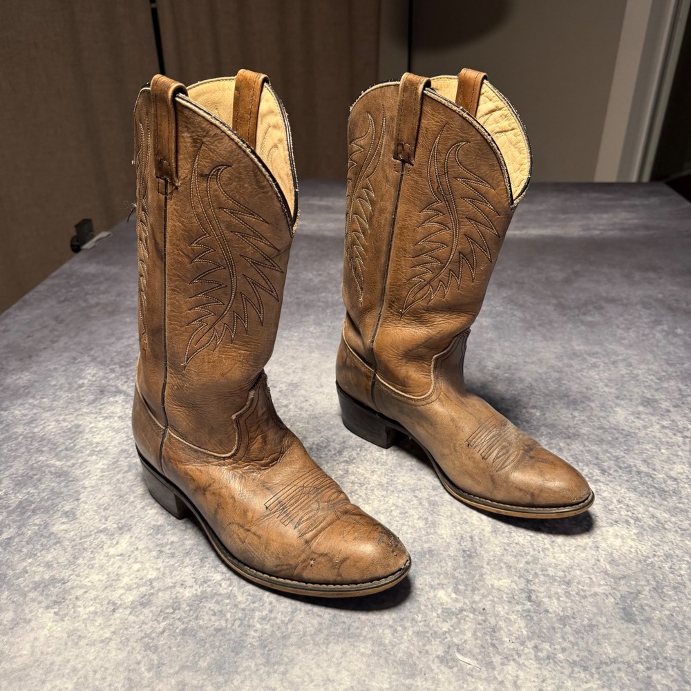 Vintage Justin Mens Cowboy Boots 1649 Brown Leather Pointed Toe USA Made 11 B